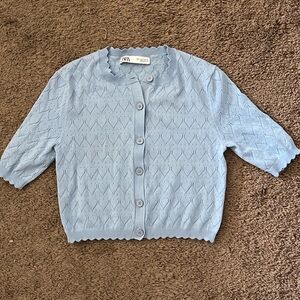 Zara Pointelle Knit Cardigan Periwinkle Button Up Half Sleeve Dainty Balletcore